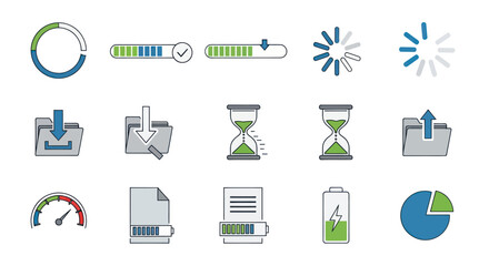 Collection of Progress and Loading Icons with Various Styles and Colors.