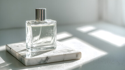 Clear perfume bottle on white marble with water droplets and sunlight

