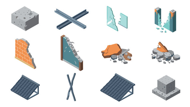 set of isometric broken building elements and construction debris in flat style