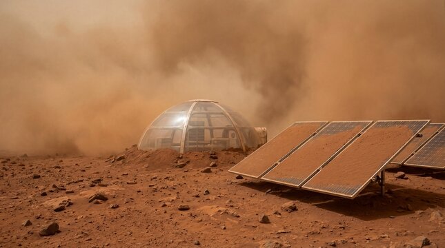 Martian habitat dome and solar panels covered in red dust during a dust storm. Space exploration and future colony concept.
