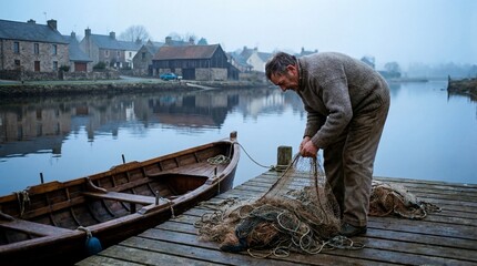 Man, a fisherman, prepares his fishing net on an old wooden dock next to a boat in a village setting. Traditional lifestyle and local work concept.