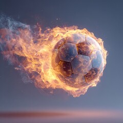 Fototapeta premium Fiery soccer ball streaks across a muted background with glowing embers.