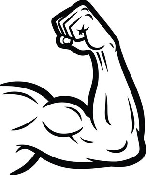 A muscular arm flexes its bicep in a powerful gesture of strength and fitness, illustrated in a bold graphic style