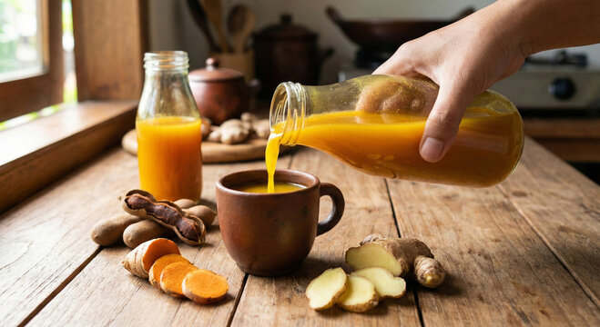 Traditional Jamu Kunyit Asam with Fresh Turmeric and Ginger on a Rustic Tabletop