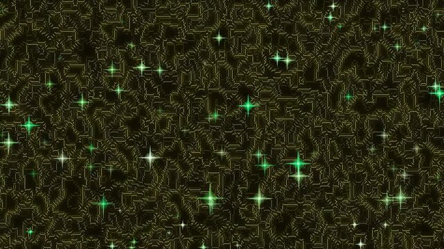 Aerial view of a lush green landscape with intricate patterns and sparkling lights at dusk