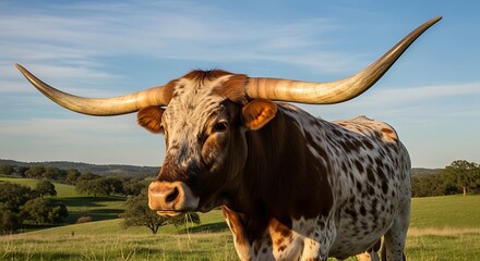 Majestic Texas Longhorn in a Field - A Portrait of Rural Beauty.