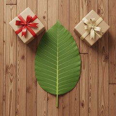 Gifts of Nature - Bodhi Leaf and Wrapped Presents on Wood.