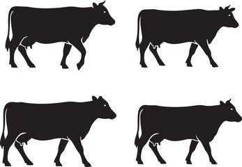 Four black silhouette cows walking side profile on white background cattle animal 1 livestock farm
