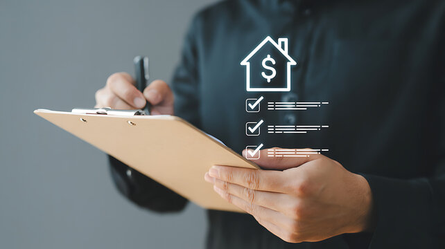 Real estate agent signing property contract agreement with house model and architectural plans for mortgage approval home investment and legal documentation process