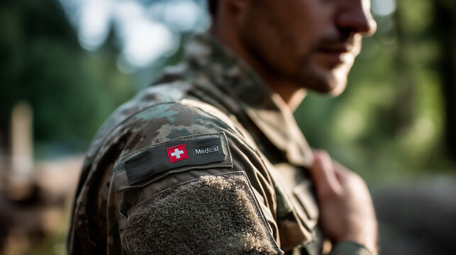 Close-up of a "Medical" patch with a red cross on a pixel camo shoulder, dirt and singe marks on the fabric, The Silent Hero, sunlight through a camouflage net, high-quality textil
