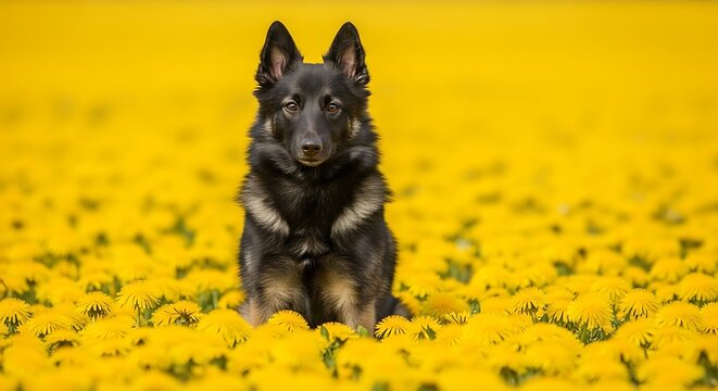 Dog in a Field of Yellow Flowers - A Portrait of Serenity.
