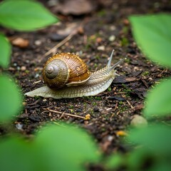 Snail Crawling on the Ground Surrounded by Green Leaves.