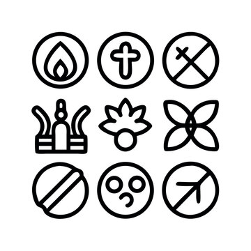 Set of miscellaneous symbolic line icons including fire, religious cross, prohibited signs, and abstract shapes for UI and UX design.