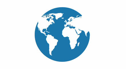 Flat design illustration of a blue globe with white continents on a plain white background.