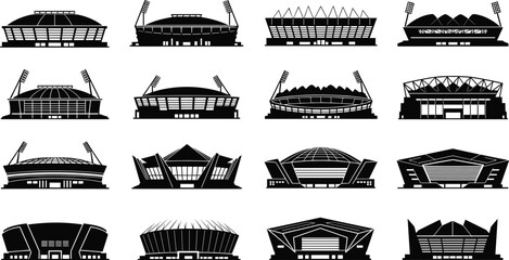 Modern stadium silhouettes collection, sports arena architecture icons, football venue buildings set, black and white vector illustration isolated design pack © Faruk Here