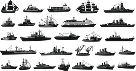 Ship and boat silhouettes collection, cargo vessels, cruise liners, warships and sailing ships maritime transport black and white vector illustration set © Faruk Here