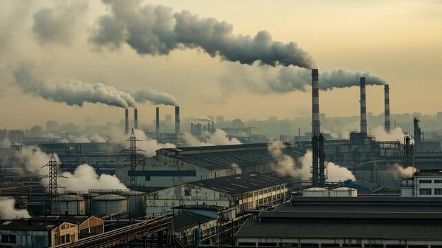 Industrial landscape with smokestacks emitting plumes of smoke, emphasizing pollution and environmental concerns