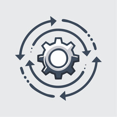 A gear icon surrounded by circular arrows on a white background, conveying a cyclical process or continuous improvement.
