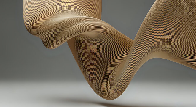 Elegant 3D render of a flowing, wavy sculpture made of layered cardboard, creating a sense of organic motion and texture.