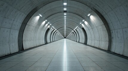 Modern curved underground tunnel with futuristic lighting and clean symmetrical architecture perspective