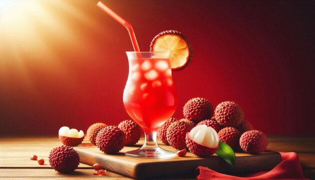 Dekorativer Litschi-Cocktail mit Strohhalm und unscharfem Hintergrund