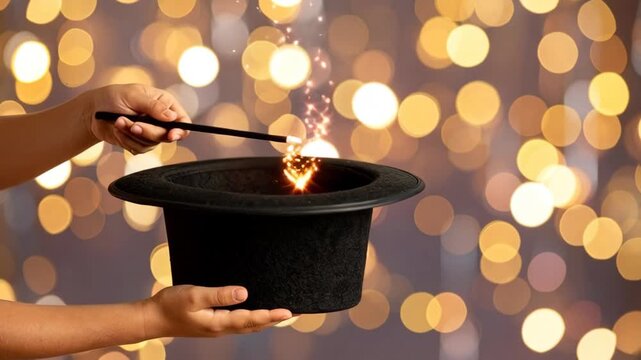 Close up of a magician's hands performing a magic trick with a top hat and wand