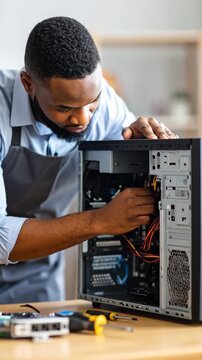 Man carefully working on computer internal components, connecting wires with tools nearby