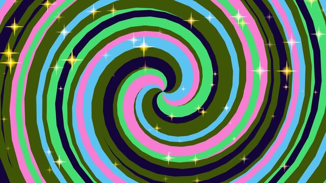 Vibrant spiral pattern with swirling shapes in pink, blue, and green hues, surrounded by sparkling lights, creating a mesmerizing visual effect from a directly overhead viewpoint