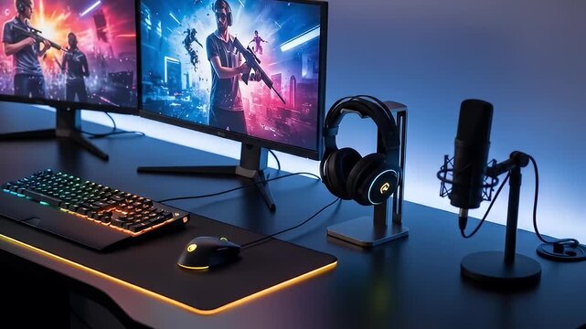 Sleek gaming setup featuring dual monitors, keyboard, mouse, headphones, and a microphone