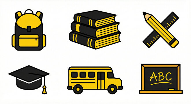 Set of 6 Flat School and Education Icons on White Background