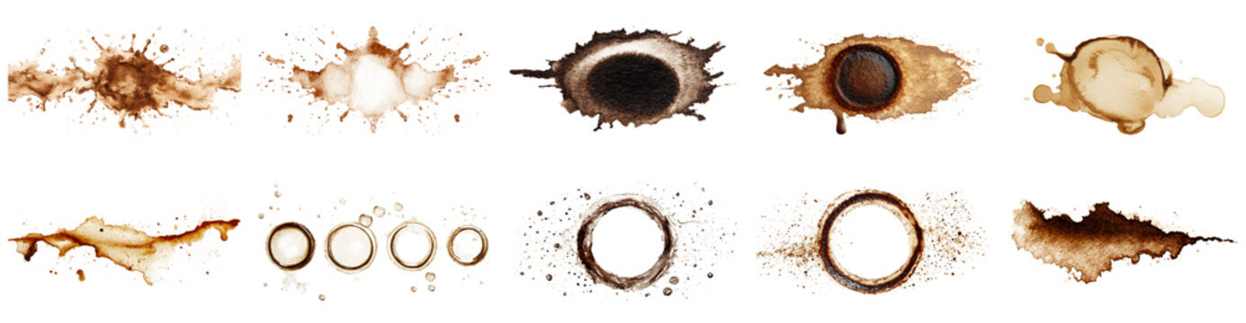 A collection of isolated coffee stains on a pristine white background, showcasing various shapes and textures perfect for design projects or artistic use.