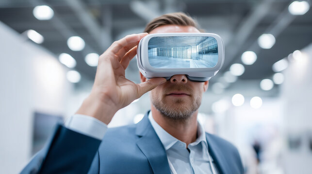Exhibition designer (faceless) holding a VR headset, standing in front of an empty booth space, Virtual Stand Preview, digital blueprints reflected in the headset lenses, bright st