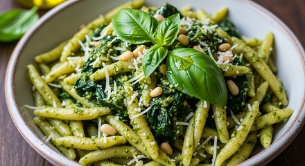 Delicious Pesto Pasta with Basil and Pine Nuts in a Bowl.