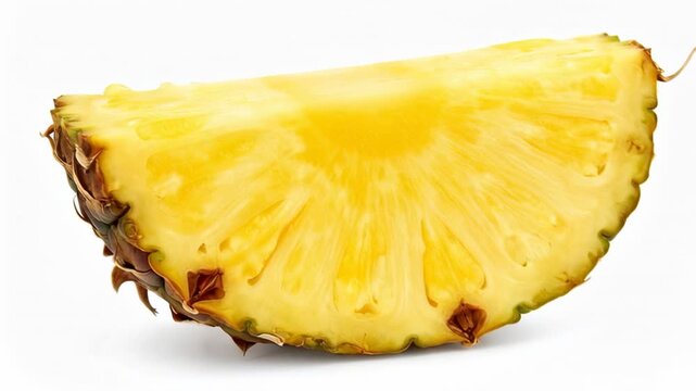 Slice of juicy pineapple with rough brown skin and bright yellow flesh on a white background