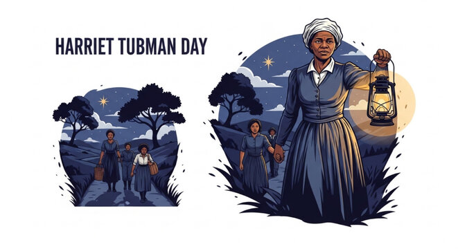 Respectful Vector Illustration of Harriet Tubman Leading Escaping Individuals at Night with Lantern and North Star for Harriet Tubman Day