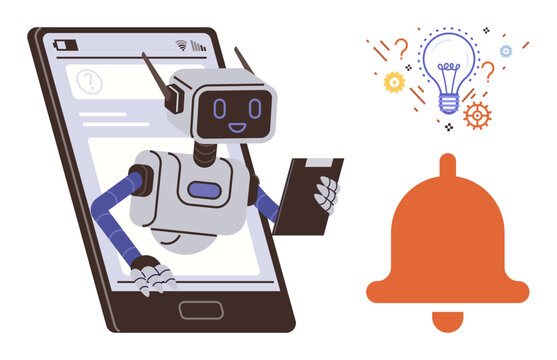 Artificial intelligence, mobile technology, digital assistants, notifications, problem-solving, innovation. Robot with clipboard emerging from phone, lightbulb bell symbols nearby. AI and mobile