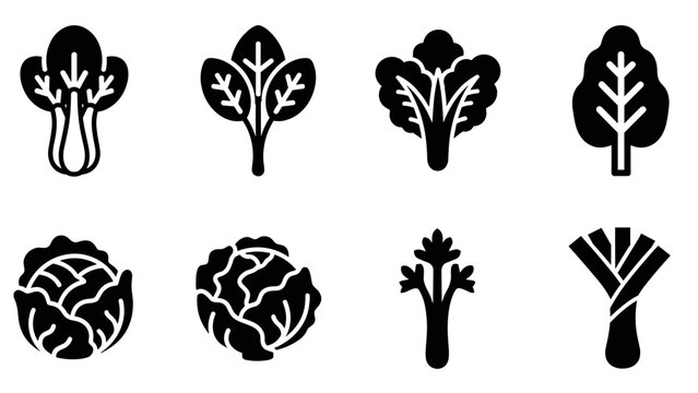 set of black silhouette leafy vegetable icons including bok choy cabbage kale celery and leek in simple style