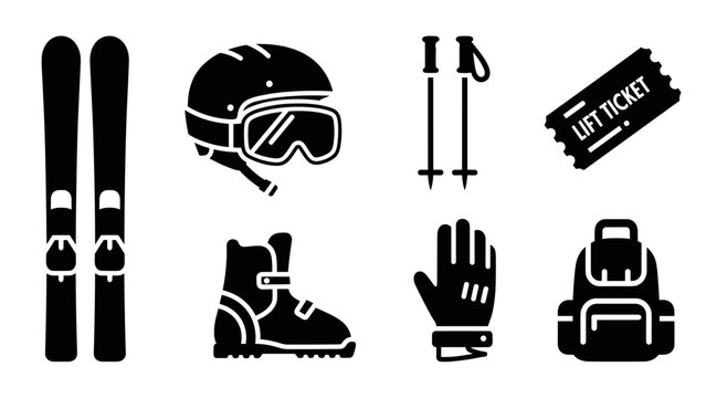 skiing equipment icons set including skis helmet boots gloves poles backpack and lift ticket silhouette