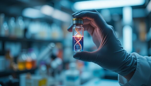 A gloved hand holding a vial with a glowing DNA double helix in a laboratory setting.