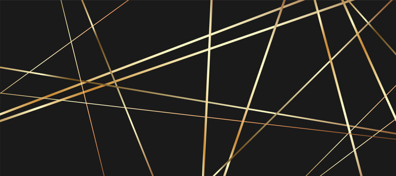 Random golden linear grid of chaotically intersecting lines, abstract irregular geometric grid on black background for tech-style wallpapers, futuristic layouts and vector graphics