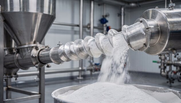 Medium shot of a screw conveyor moving bulk powder from a hopper to a reactor highlighting precise and controlled feeding in chemical manufacturing.