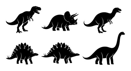 Obraz premium Dinosaur silhouette vector set, black and white, tyrannosaurus rex, triceratops, stegosaurus, brachiosaurus, clean isolated shapes, minimal design