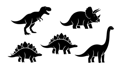 Obraz premium Dinosaur silhouette vector set, black and white, tyrannosaurus rex, triceratops, stegosaurus, brachiosaurus, clean isolated shapes, minimal design