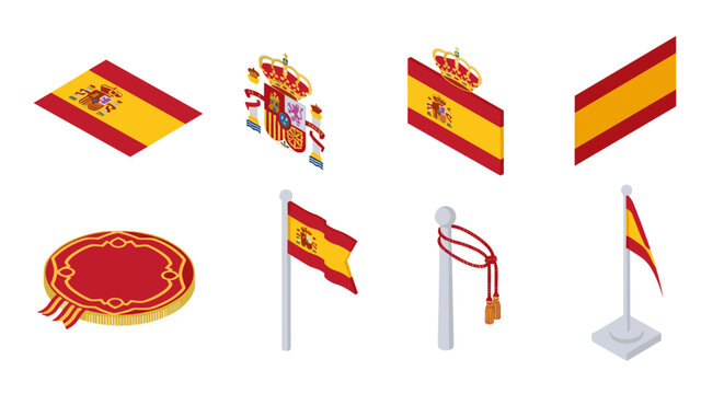 set of isometric spain flags emblems and ceremonial elements in flat style