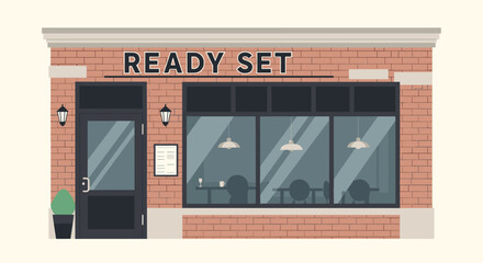 Obraz premium coffee shop storefront facade with large windows brick wall and outdoor plant in flat design