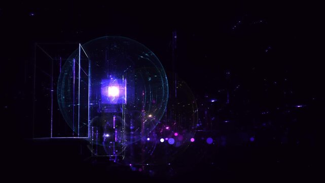 Futuristic neon cube in dark cyber space &ndash; glowing purple wireframe structure with energy particles and bokeh lights &ndash; abstract tech visualization, technology, science, data, progress, architecture
