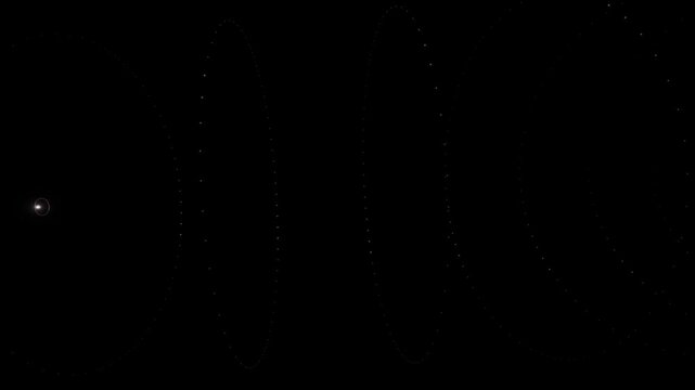 Bright light spot with spiraling rotating light spots, modern technology, digital, mesmerizing effects, technology, research, science, development, ring-shaped, round, black, white
