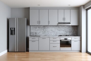 Fototapeta premium Modern gray kitchen features stainless steel refrigerator, cabinets, and appliances.