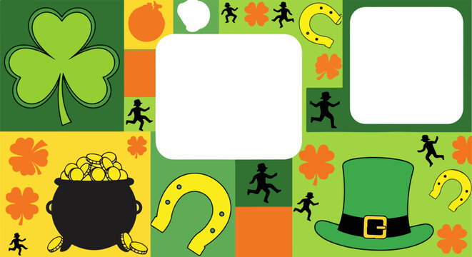 St Patrick's Day Block Pattern Background with Shamrocks, Leprechaun Silhouettes, Pot of Gold, and Horseshoes