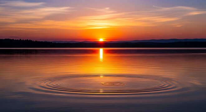 Vibrant sunset illuminates still water surface creating concentric ripples across the foreground